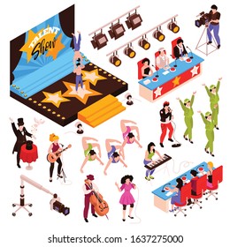 Isometric talent show tv program set with isolated icons human characters of participants judges and stage vector illustration