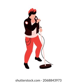 Isometric talent show tv program composition with character of singing guy with colored hair vector illustration