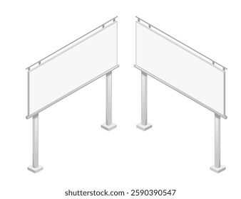 Isometric Tall billboard structures with rectangular displays. Metal advertising stands. Outdoor marketing pillars. Twin-posted sign holders. Commercial information displays. Vector illustration.