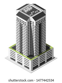 Isometric tall building vector illustration isolated on white background.