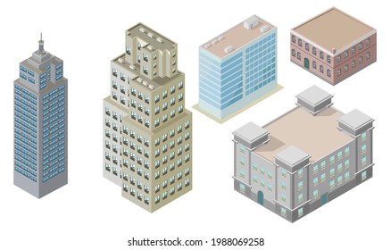 Isometric Tall Building Vector Illustration Set