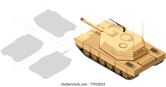 Isometric Tank  (3 of 4 views), Desert colors. The series of the isometric vehicles, houses, trees etc. In vector.