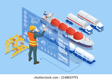 Isometric Tanker loading Liquefied Natural Gas at trading terminal. Transportation, delivery, transit of natural gas