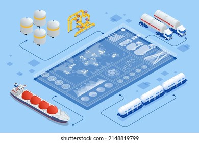 Isometric Tanker loading Liquefied Natural Gas at trading terminal. Transportation, delivery, transit of natural gas