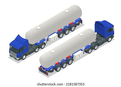 Isometric Tanker truck. Petroleum tanker, petrol truck, white cistern, oil trailer isolated on white background. Gasoline tanker, Oil trailer