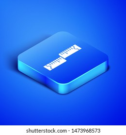 Isometric Tape measure icon isolated on blue background. Measuring tape. Blue square button. Vector Illustration