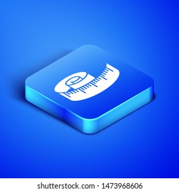 Isometric Tape measure icon isolated on blue background. Measuring tape. Blue square button. Vector Illustration