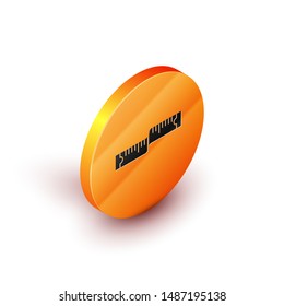Isometric Tape measure icon isolated on white background. Measuring tape. Orange circle button. Vector Illustration