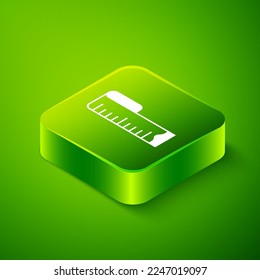 Isometric Tape measure icon isolated on green background. Measuring tape. Green square button. Vector