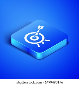 Isometric Target with arrow icon isolated on blue background. Dart board sign. Archery board icon. Dartboard sign. Business goal concept. Blue square button. Vector Illustration
