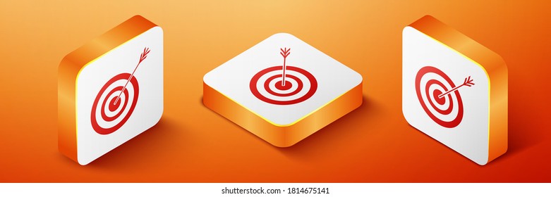Isometric Target with arrow icon isolated on orange background. Dart board sign. Archery board icon. Dartboard sign. Business goal concept. Orange square button. Vector.