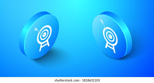 Isometric Target with arrow icon isolated on blue background. Dart board sign. Archery board icon. Dartboard sign. Business goal concept. Blue circle button. Vector.