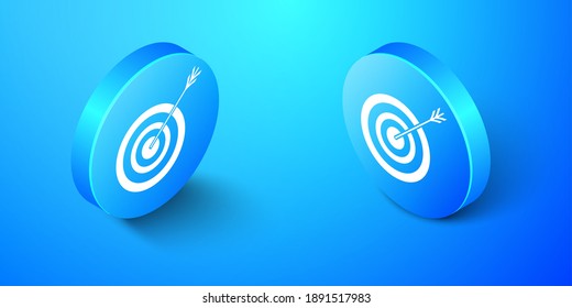 Isometric Target with arrow icon isolated on blue background. Dart board sign. Archery board icon. Dartboard sign. Business goal concept. Blue circle button. Vector.