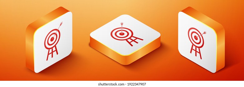 Isometric Target with arrow icon isolated on orange background. Dart board sign. Archery board icon. Dartboard sign. Business goal concept. Orange square button. Vector.