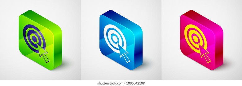 Destino isométrico con icono de flecha aislado en fondo gris. Cartel del tablero de dibujo. Icono del tablero de tiro con arco. Cartel de pizarra. Concepto de objetivo comercial. Botón cuadrado. Vector