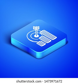 Isometric Target with coin symbol icon isolated on blue background. Investment target icon. Successful business concept. Cash or Money sign.  Blue square button. Vector Illustration