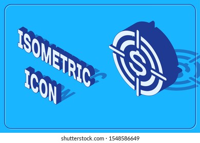 Isometric Target with dollar symbol icon isolated on blue background. Investment target icon. Successful business concept. Cash or Money sign.  Vector Illustration