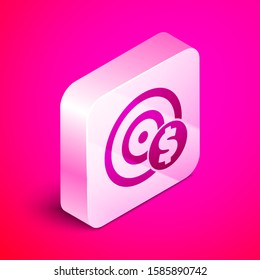 Isometric Target with dollar symbol icon isolated on pink background. Investment target icon. Successful business concept. Cash or Money. Silver square button. Vector Illustration