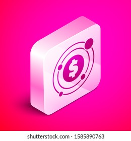 Isometric Target with dollar symbol icon isolated on pink background. Investment target icon. Successful business concept. Cash or Money. Silver square button. Vector Illustration