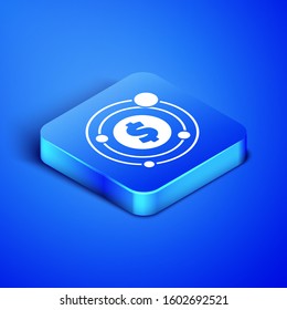 Isometric Target with dollar symbol icon isolated on blue background. Investment target icon. Successful business concept. Cash or Money. Blue square button. Vector Illustration