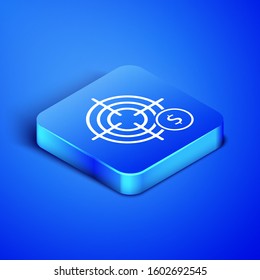 Isometric Target with dollar symbol icon isolated on blue background. Investment target icon. Successful business concept. Cash or Money. Blue square button. Vector Illustration