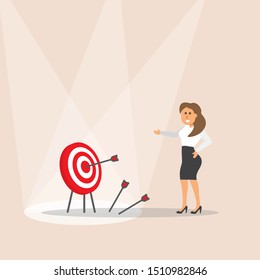 isometric target icon, businesswoman presented marketing strategy, business concept, thin line web symbols on white background - editable stroke vector illustration eps10