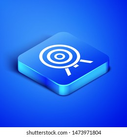 Isometric Target icon isolated on blue background. Dart board sign. Archery board icon. Dartboard sign. Business goal concept. Blue square button. Vector Illustration