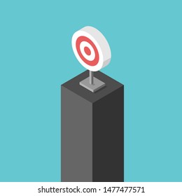 Isometric target on top of high pedestal on turquoise blue background. Achievement, ambition, challenge, difficult goal concept. Flat design. EPS 8 vector illustration, no transparency, no gradients