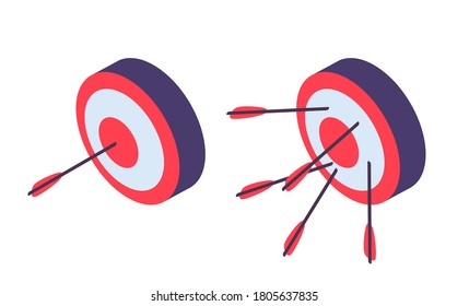 Isometric targets. Archery, arrow in goal and failure. Business ambitions metaphor, success and fail illustration. Isolated darts game vector icons