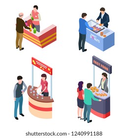 Isometric Tasting Food And Drinks At Promotional Stands Vector Illustration