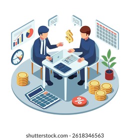Isometric Tax Advisor Assisting Businessman for Financial Planning (Assistente do consultor de impostos isométricos para o planejamento financeiro). Supervisor de Imposto e Conceito de Planejamento Financeiro