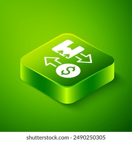 Isometric Tax carton cardboard box icon isolated on green background. Box, package, parcel sign. Delivery and packaging. Green square button. Vector