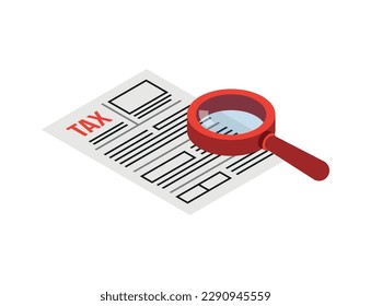 Isometric tax paying icon with magnifier 3d vector illustration