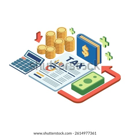 Isometric Tax Return Concept with Wallet and Financial Elements. Tax Return Concept