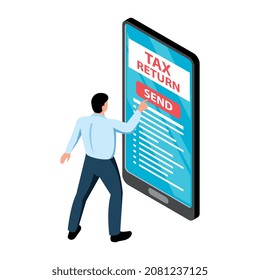 Isometric tax service accounting composition with male character touching screen of smartphone with tax return app vector illustration