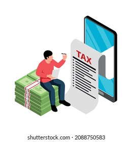 Isometric tax service accounting composition with man sitting on banknotes stack with receipt in smartphone vector illustration