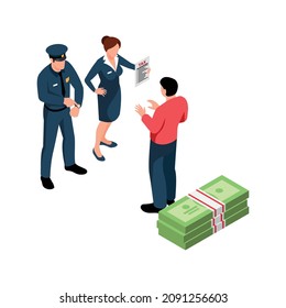 Isometric tax service accounting composition with police officer characters with man and stack of cash vector illustration