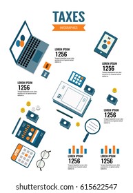 Isometric Taxes info graphics. Data analysis, paperwork, financial research, report. Businessman calculation tax return. Flat design elements. vector illustration
