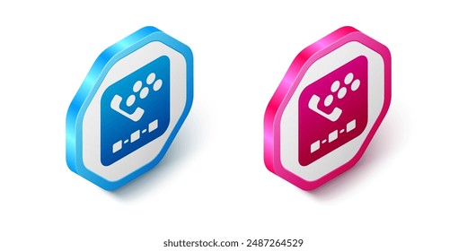 Isometric Taxi call telephone service icon isolated on white background. Taxi for smartphone. Hexagon button. Vector