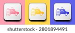 Isometric Taxi car icon isolated on pink, yellow and blue background. Square button. Vector