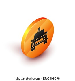 Isometric Taxi car icon isolated on white background. Orange circle button. Vector Illustration