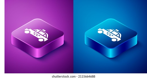 Isometric Taxi car icon isolated on blue and purple background. Square button. Vector