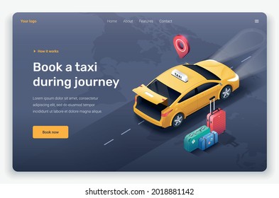 Isometric taxi car with open trunk, suitcases and location pin. Landing page template. 
