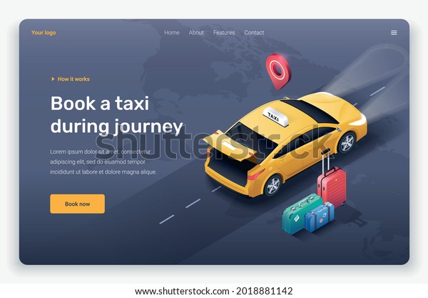 Isometric taxi car with open trunk, suitcases\
and location pin. Landing page template.\

