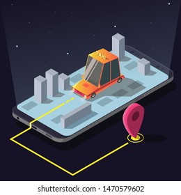 Isometric taxi car order service app, yellow cab driving among city buildings to gps location pin on huge mobile phone screen, online application for smartphone, auto ordering. 3d vector illustration