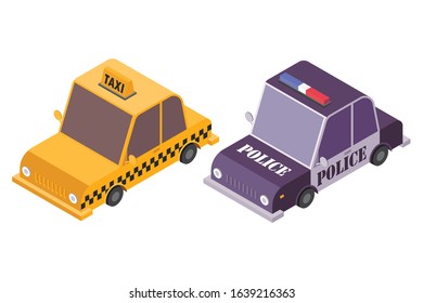 Isometric taxi car and police car vector illustration