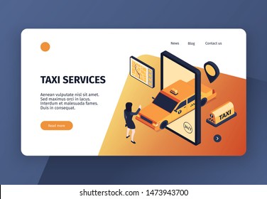 Isometric taxi concept banner web site landing page design with conceptual images clickable links and text vector illustration
