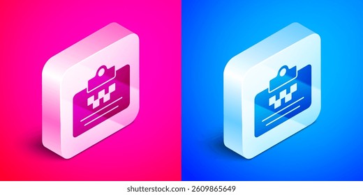 Isometric Taxi driver license icon isolated on pink and blue background. Silver square button. Vector