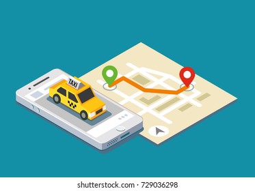 Isometric taxi location and map. Mobile app and geo tracking.