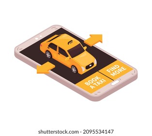 Isometric taxi navigation composition with image of smartphone with yellow cab arrows and text buttons vector illustration